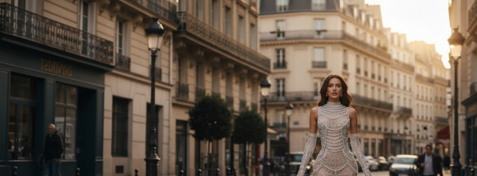Woman in a white dress standing on a city street with buildings in the background